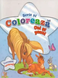 Scrie si coloreaza cai si ponei - albastru