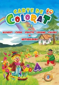 Carte de colorat Jumbo cu alfabet, cifre, fructe, legume, culori si abtibilduri