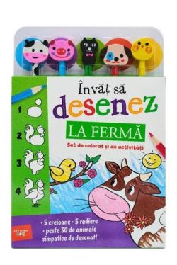 Învăț să desenez. La fermă. Set de colorat și de activități (conține 5 creioane și 5 radiere)