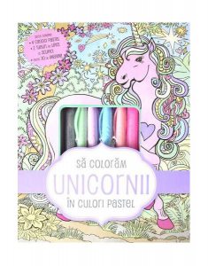 Să colorăm unicornii în culori pastel4 carioci pastel, 2 tuburi de lipici cu sclipici