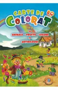 Carte de colorat jumbo 5 cu animale, fructe, legume si abtibilduri