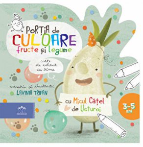 Portia de culoare fructe si legume cu Micul Catel de Usturoi. Carte de colorat cu rime
