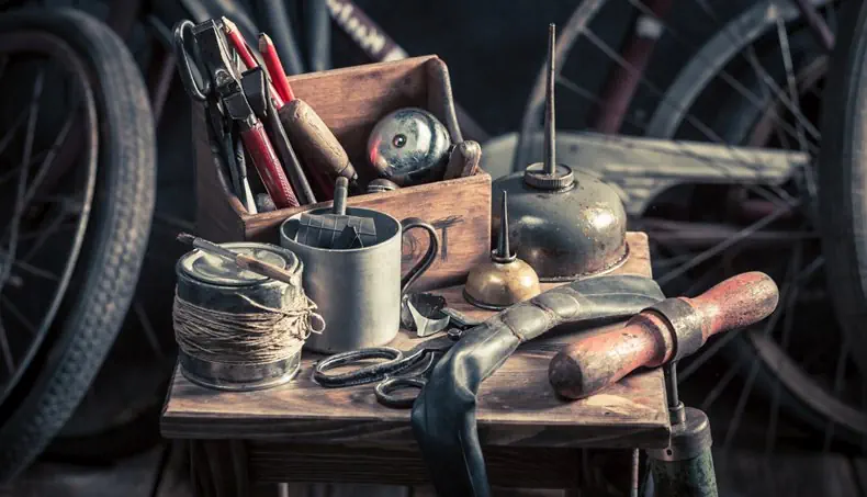 PUMP, OILCAN, BICYCLE BELL, PAINTBRUSH, SCISSORS
