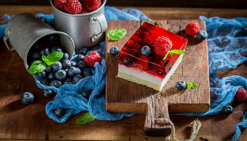 GAUZE, DESSERT, BASIL, RASPBERRIES, BLUEBERRIES