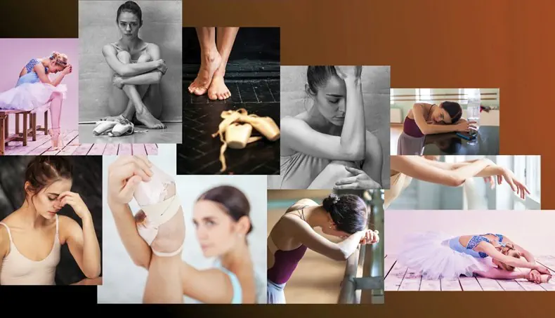 PÉ, CANSADO, ROUPA BALÉ, MÃOS, BAILARINA