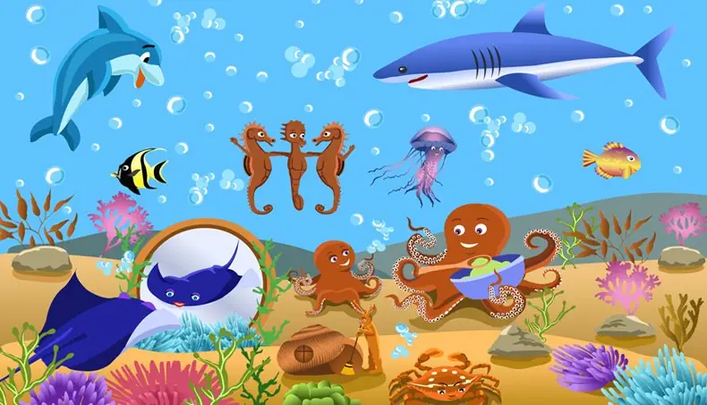 DELFIN, HAI, BLEKKSPRUT, DJEVELSKATE, KRABBE