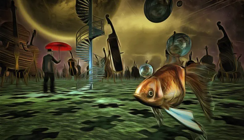 GOLDFISH, UMBRELLA, CELLO, STAIRS, FIN