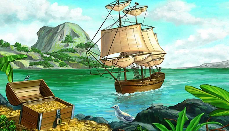 CADENAS, TRÉSOR, PIÈCES, NAVIRE, VOILE