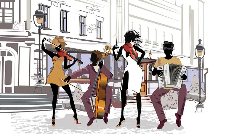 VIOLIN, CELLO, VIOLIN BOW, ACCORDION, MUSIC