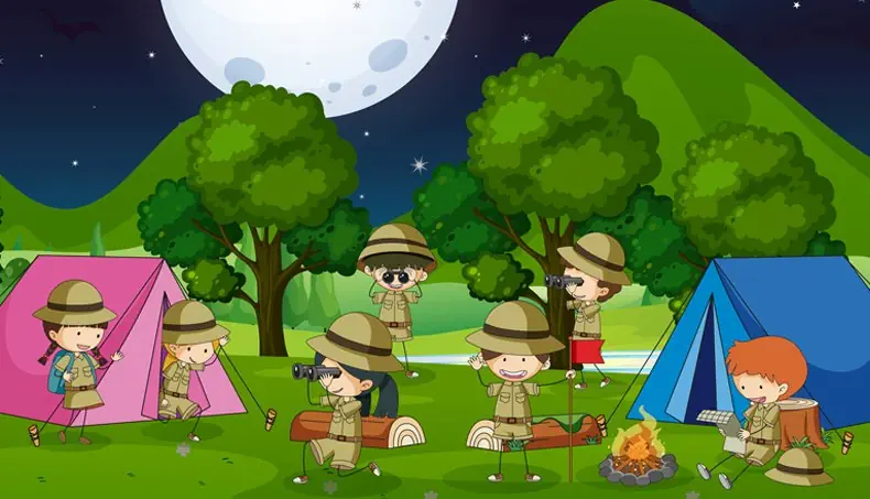 TENT, BINOCULARS, CAMPFIRE, STUMP, MOUNTAIN
