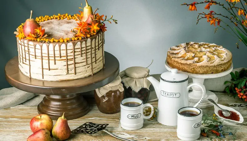 PASTEL, PERA, MANZANA, TAZA, TARTA