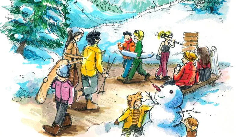 SNEEUWPOP, RESORT, WEGWIJZER, SKIS, SNOWBOARD