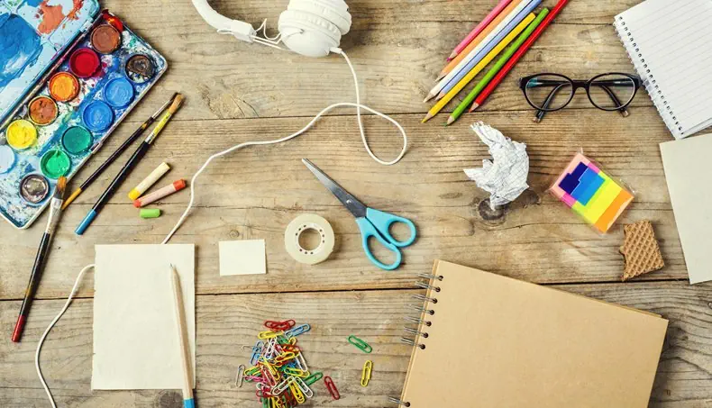HEADPHONES, SCISSORS, SCOTCH, WATERCOLORS, CHALK