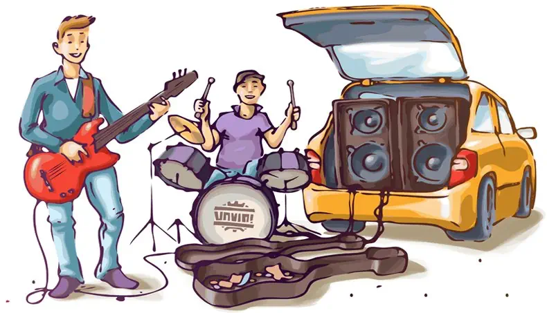 MUSIK, BIL, GITARR, TRUMMA, TRUMPINNAR