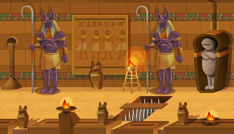 TOMB, MUMMY, FIRE, SARCOPHAGUS, STAFF