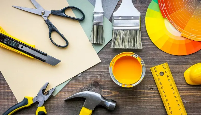 PLIERS, PAINT, RULER, HAMMER, BRUSH