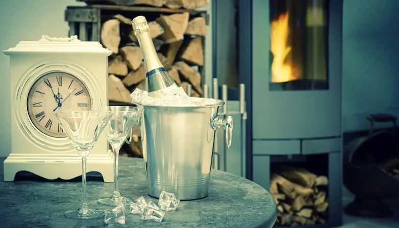 CLOCK, BUCKET, SPARKLING WINE, FIREWOOD, FIREPLACE