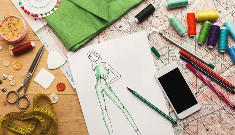 SMARTPHONE, PINCUSHION, SCISSORS, THREADS, MEASURE TAPE