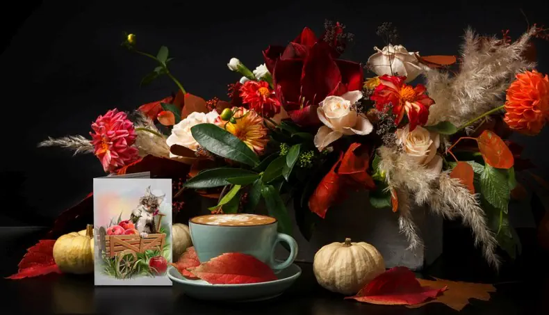 POSTCARD, DAHLIA, CART, CAPPUCCINO, ROSE