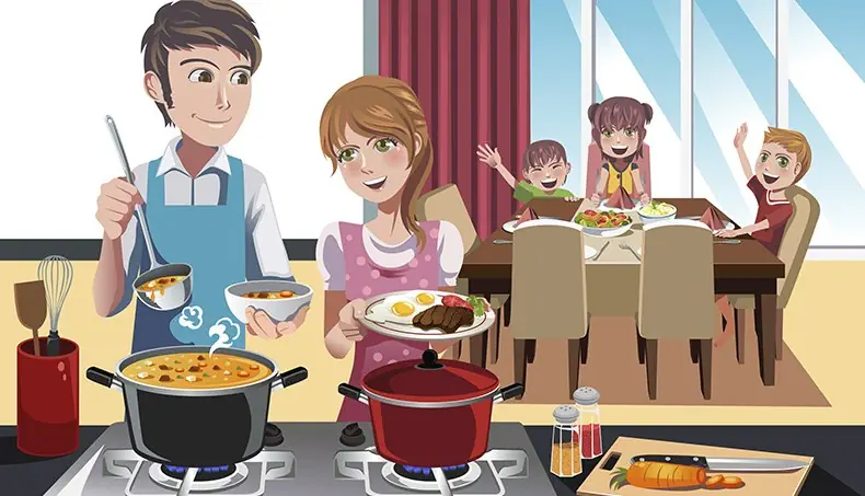 DINNER, FAMILY, STEW, FRIED EGGS, PAN