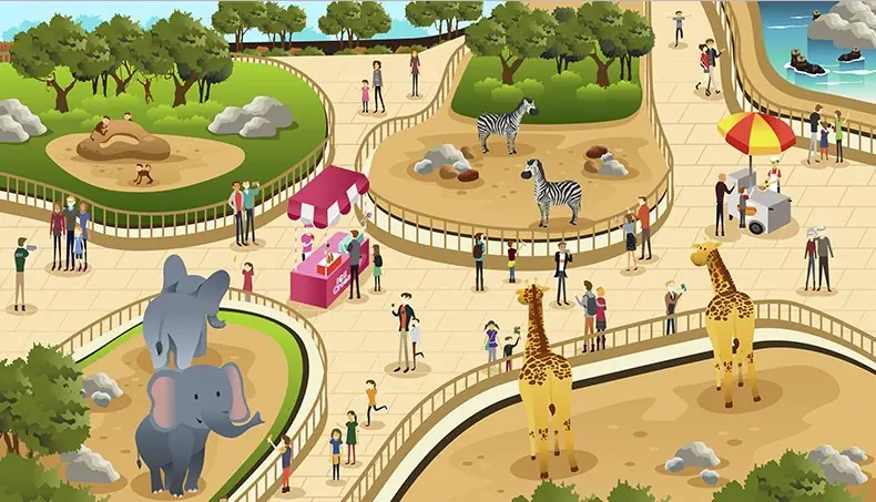 ZOOLÓGICO, ELEFANTE, GIRAFA, ZEBRA, GUARDA-SOL
