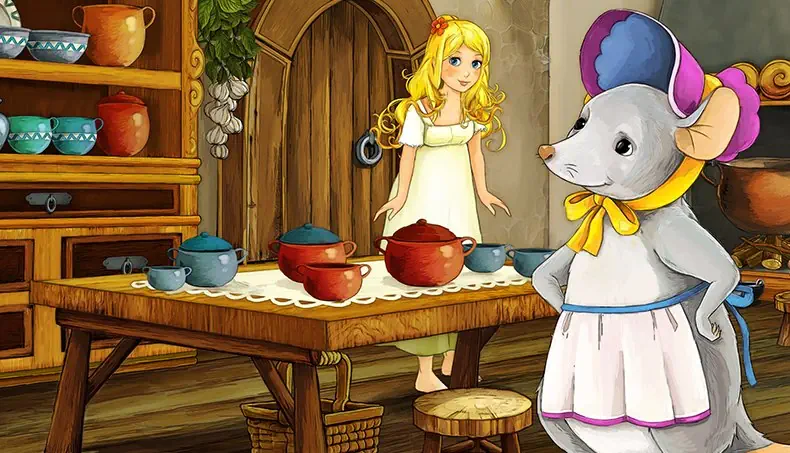 THUMBELINA, STOOL, APRON, GARLIC, BASKET