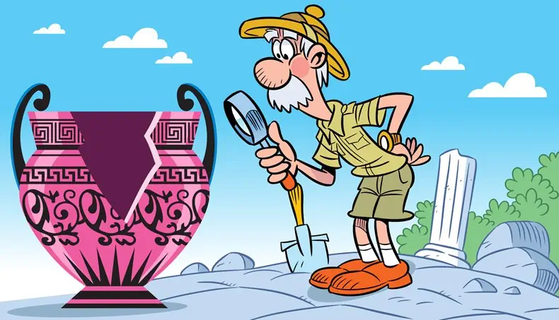 LUPA, PÁ, COLUNA, ARQUEOLOGISTA, VASO