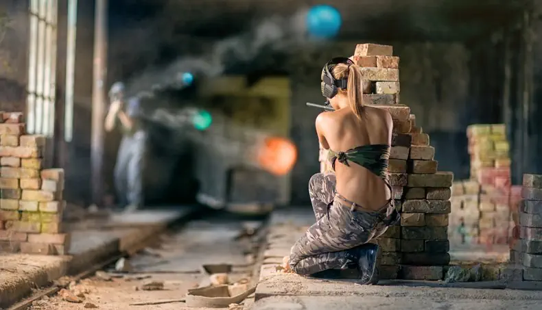 KHAKI, GUN BARREL, BRICKS, BACK, SHOT