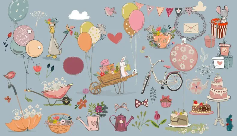 GUARDA-CHUVA, REGADOR, BOLO, BICICLETA, ENVELOPE