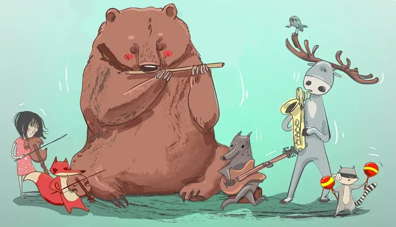 MOOSE, SAXOPHONE, FOX, VIOLIN, BEAR