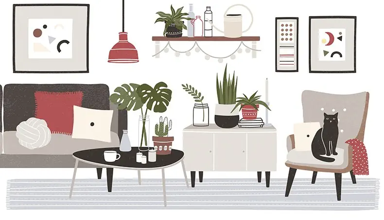 GATO, POLTRONA, REGADOR, LÂMPADA, PLANTAS