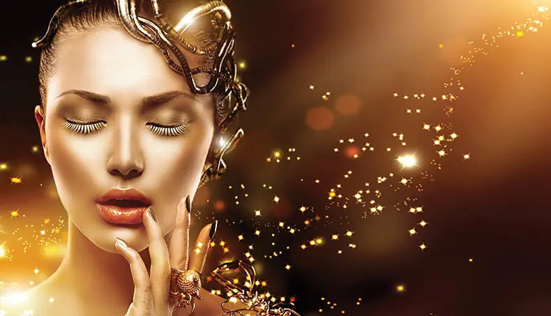 DORÉ, VISAGE, MAQUILLAGE, BRILLANT, PAILLETTE