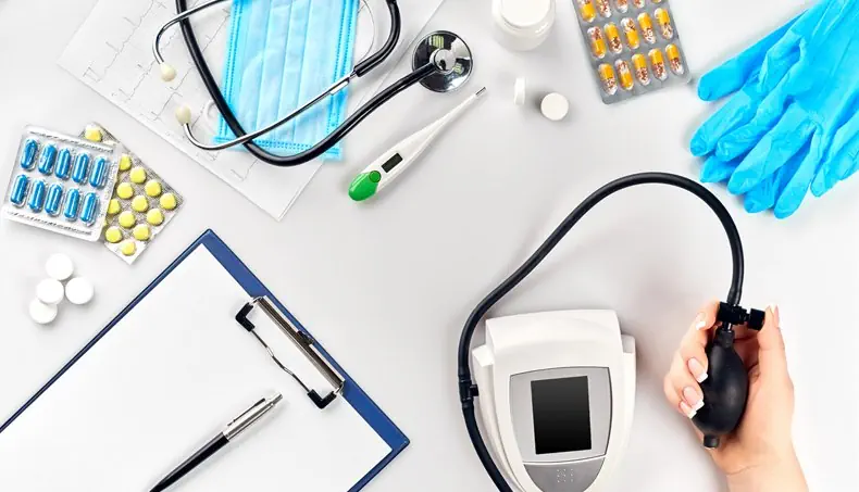 GLOVES, STETHOSCOPE, BLISTER PACK, PILL, THERMOMETER