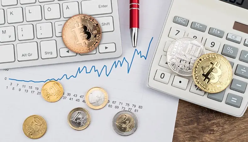 CRYPTO-MONNAIE, GRAPHIQUE, EURO, UN, CINQUANTE