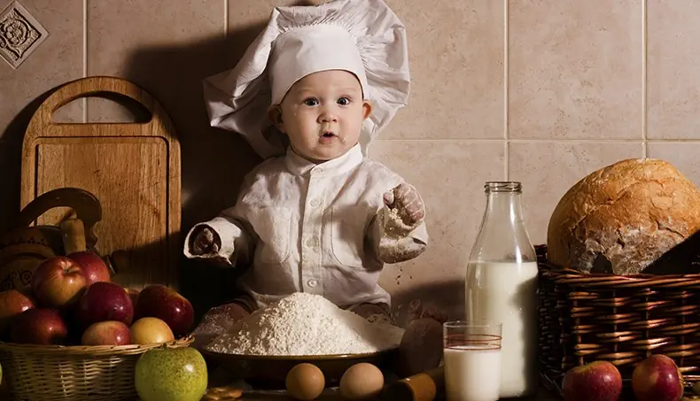 BAKER, KITCHEN, BASKET, APPLE, MILK