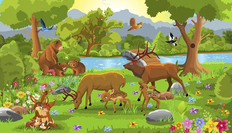 FAWN, DEER, BEAR CUB, WOODPECKER, FAMILY