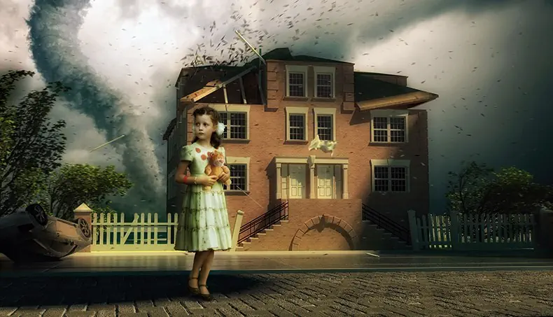 TORNADO, FLICKA, FÖRSTÖRELSE, KATASTROF, STÄNGSEL
