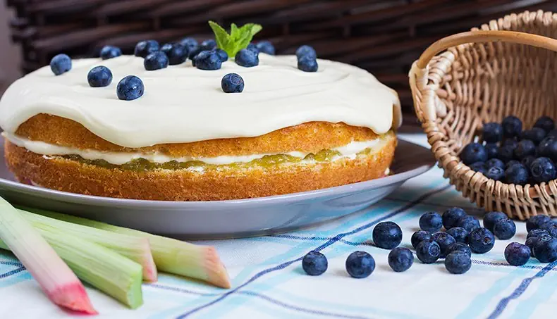 RHUBARB, BLUEBERRIES, BASKET, CAKE, DESSERT
