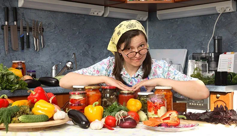HOUSEWIFE, CANNING, KITCHEN, EGGPLANT, KERCHIEF