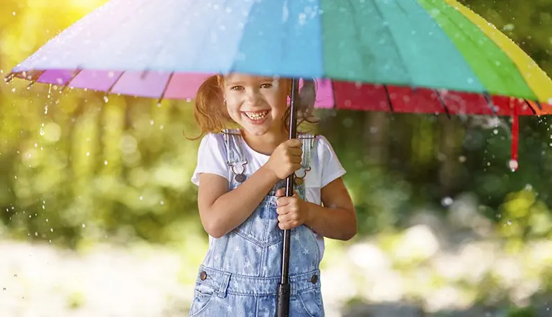 HEAVY RAIN, COLORFUL, DROPS, GIRL, UMBRELLA