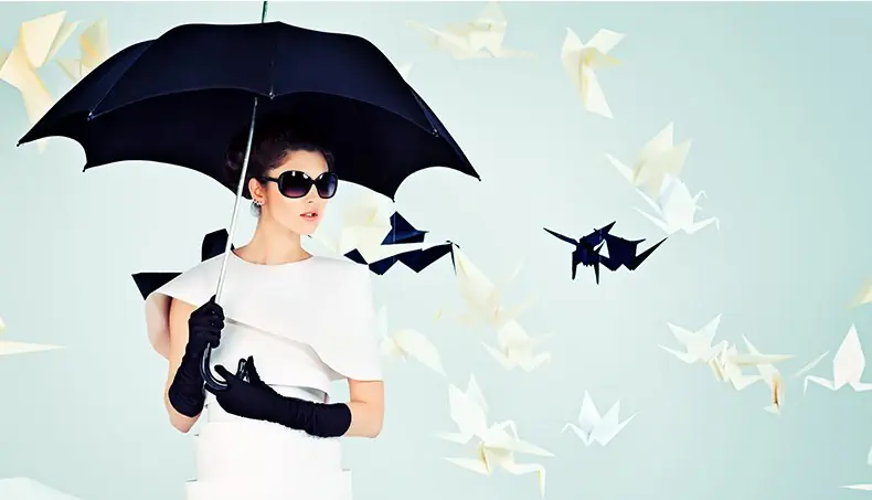 UMBRELLA, BLACK, DRESS, FASHION, CRANE
