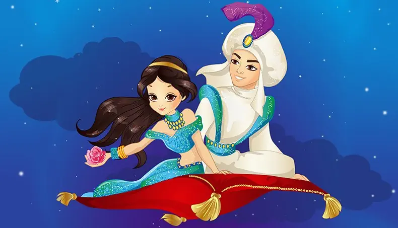 ALADDIN, LENTÄVÄ MATTO, YÖ, SATU, PRINSESSA