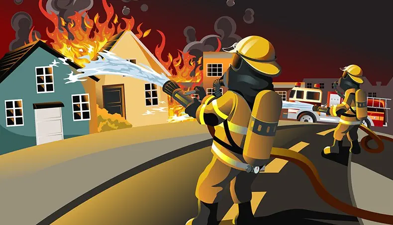 BOMBEIRO, INCÊNDIO, JANELA, ESTRADA, JATO DE ÁGUA