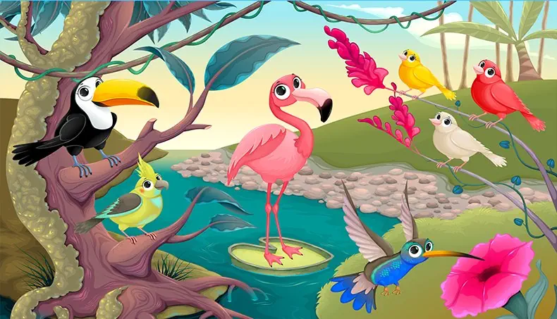 TOUCAN, FLAMINGO, PARROT, LIANA, MOSS