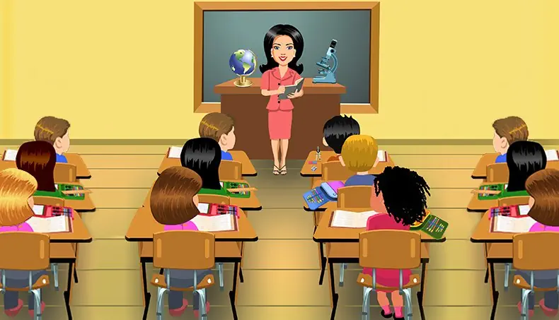 CLASSROOM, LESSON, SCHOOL DESK, TEACHER, CLASSMATE