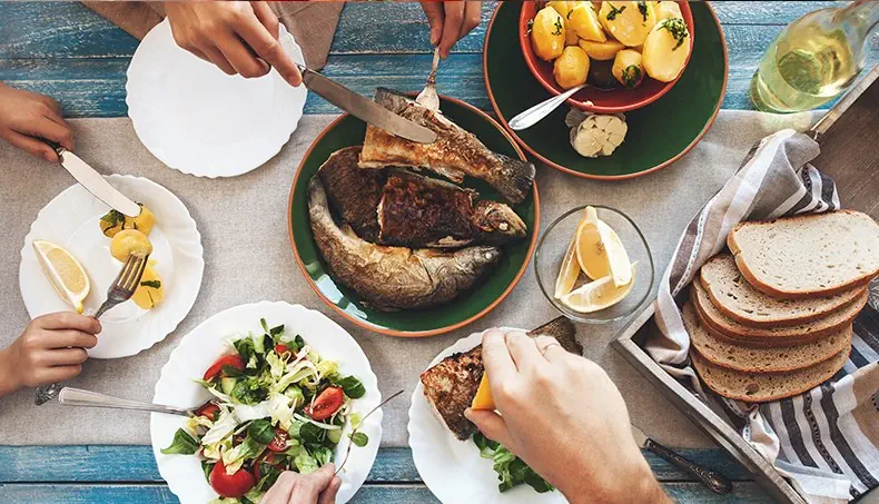 DINNER, FISH, POTATOES, SALAD, BREAD