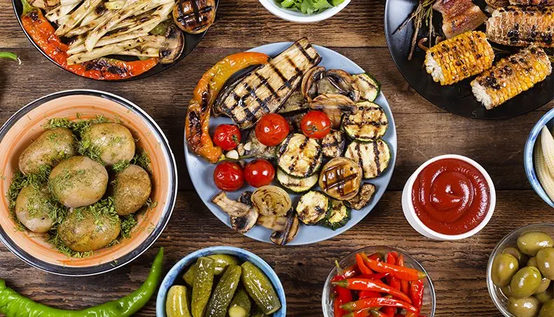 GRILL, PICKLES, POTATOES, CORN, KETCHUP