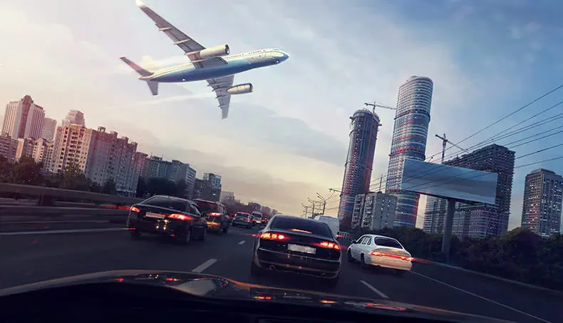 AVION, VILLE, ROUTE, TURBINE, GRATTE-CIEL