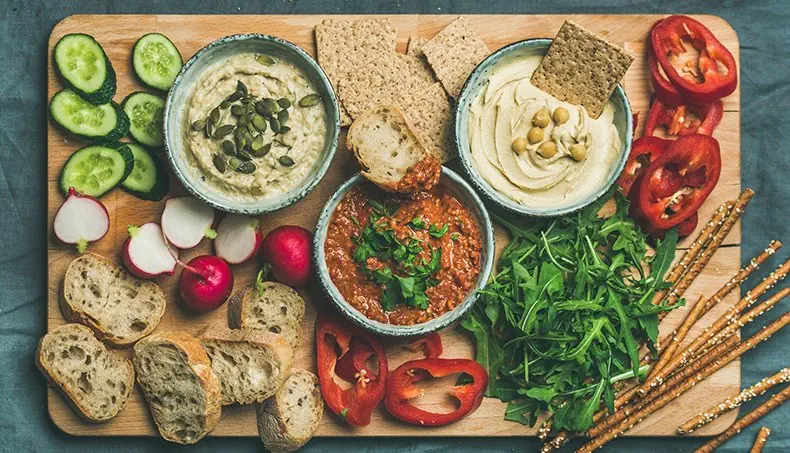 HUMMUS, BABA GHANOUSH, CRACKER, BREAD, ARUGULA