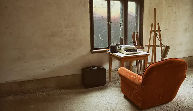 PIÈCE, MUR, BÉTON, VALISE, FAUTEUIL